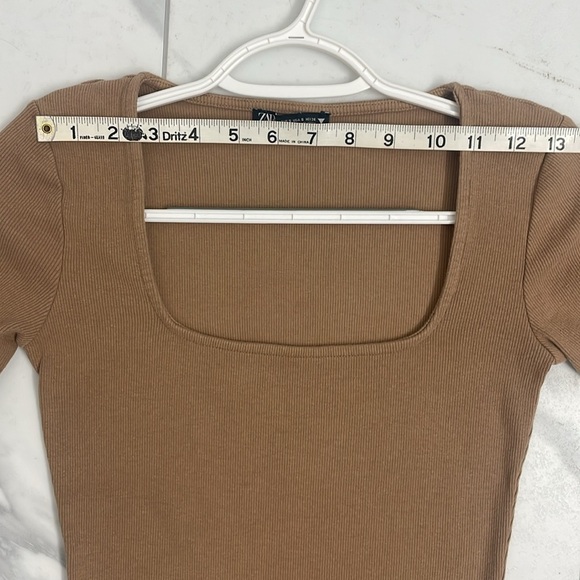 Zara Midi Bodycon Dress Ribbed Square Neck Short Sleeves Tan Size S - Picture 8 of 11